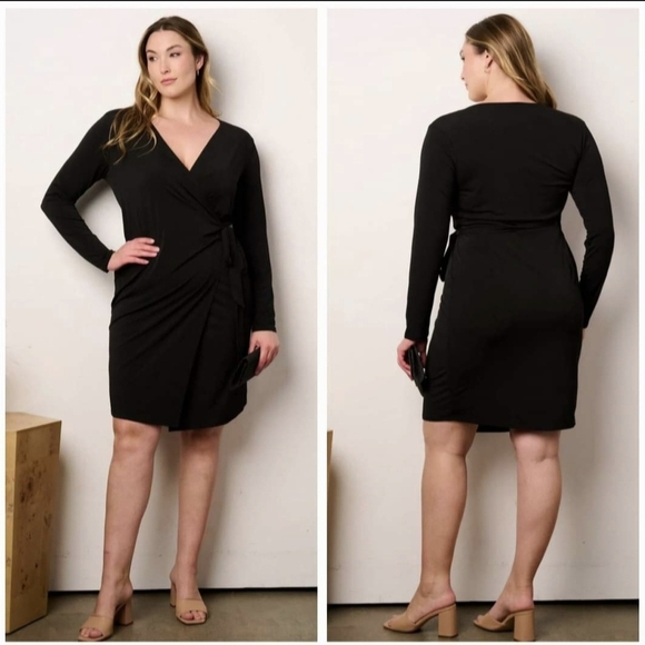 Janette Plus Elegant Black Wrap Dress Knee Length Longsleeve Plus Size 1x,2x,3x - Picture 1 of 6